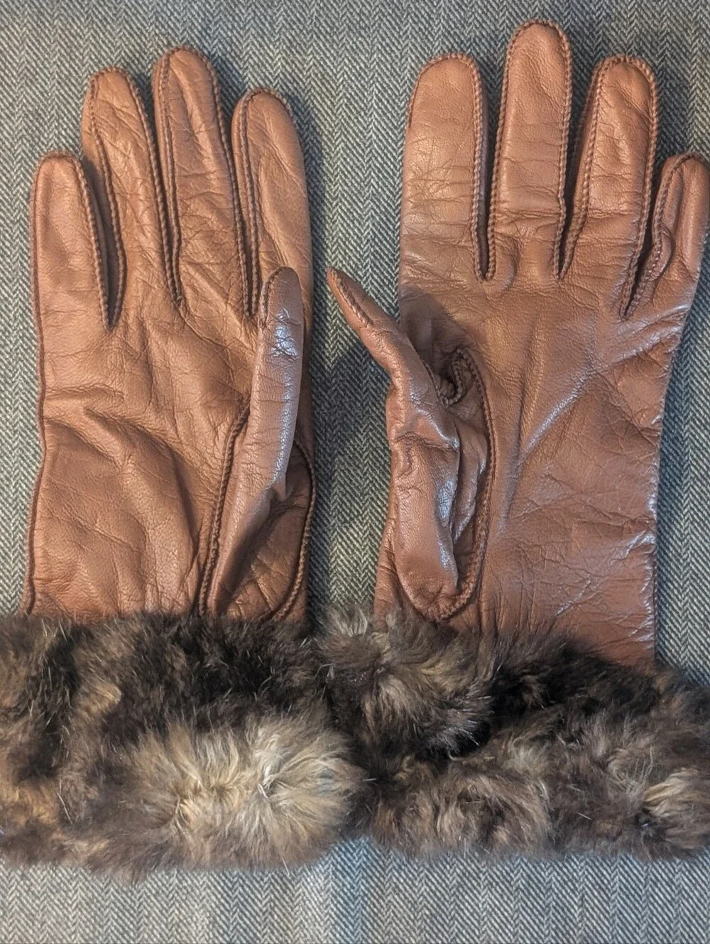 Nordstrom Brown Leather Gloves with Fur Trim